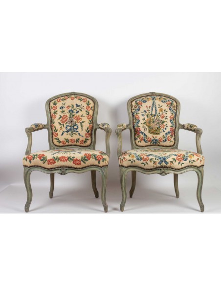 A Pair Louis XV period (1724 - 1774) of armchairs cabriolets.  18th century.