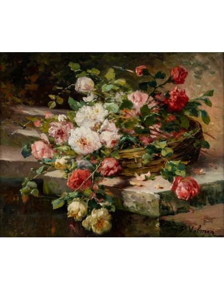 P. Valmon (1850 - 1911) : Jetée de roses sur un entablement.