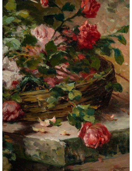 P. Valmon (1850 - 1911) : Jetée de roses sur un entablement.