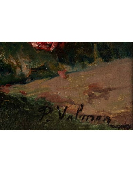 P. Valmon (1850 - 1911) : Jetée de roses sur un entablement.