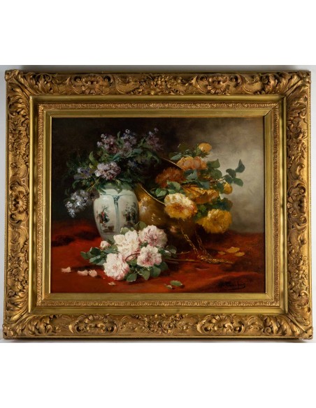 Henri Cauchois (1850 - 1911) : Nature morte aux bouquets de roses.