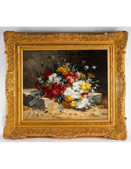 Henri Cauchois (1850 - 1911) : Bouquet d'oeillets sur un entablement.