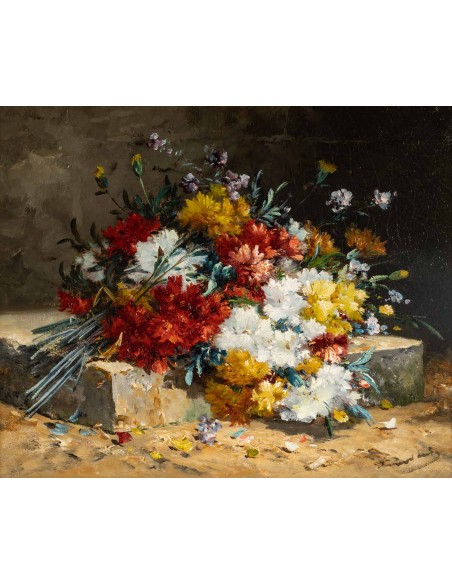 Henri Cauchois (1850 - 1911) : Bouquet d'oeillets sur un entablement.