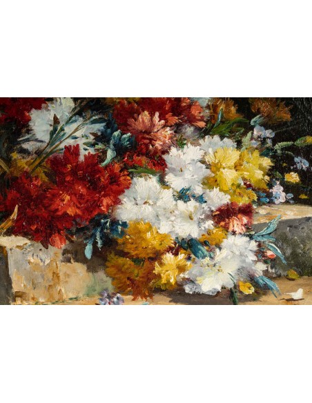 Henri Cauchois (1850 - 1911) : Bouquet d'oeillets sur un entablement.