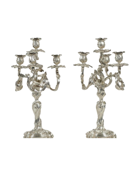 A Pair of silvered candlesticks in Louis XV style. 19th century.