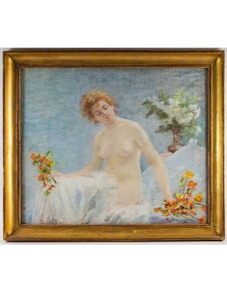 Jeune femme au bouquet de capucines et lilas.  XIXème siècle.