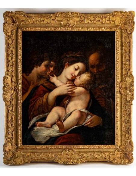 Vierge à l'enfant entourée d'anges et de saint Joseph.  XVIIème siècle.