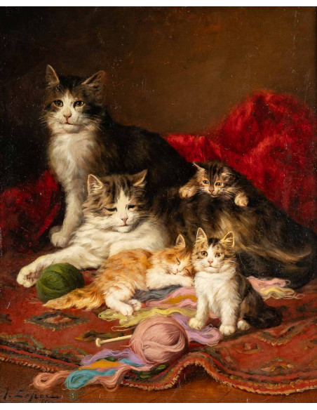 Jules Gustave Leroy (1856 - 1921) : Famille de chats à la pelote de laine.