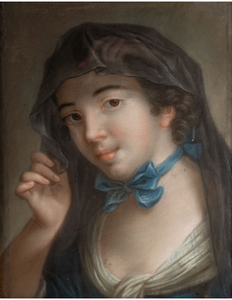 Portrait d'une jeune femme au ruban bleu.  XVIIIe siècle.