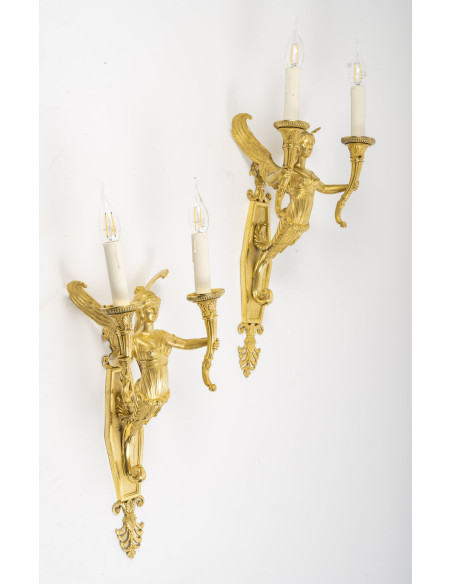 Pair Of Wall Lights Decorated With Winged Caryatids, Empire Period. 19th Century