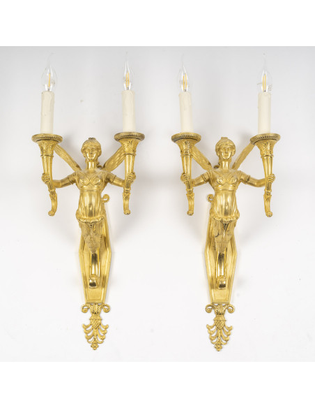 Pair Of Wall Lights Decorated With Winged Caryatids, Empire Period. 19th Century