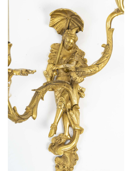 Pair Of Gilt Bronze Wall Lights Depicting A Venetian Dancing Couple, Late 19th Century