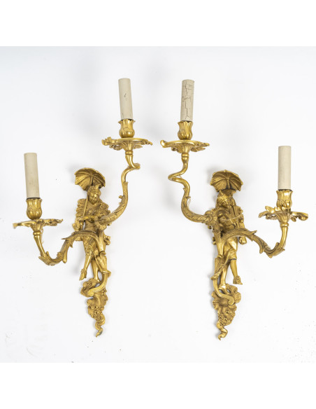 Pair Of Gilt Bronze Wall Lights Depicting A Venetian Dancing Couple, Late 19th Century