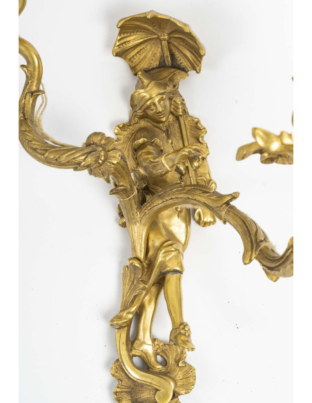 Pair Of Gilt Bronze Wall Lights Depicting A Venetian Dancing Couple, Late 19th Century