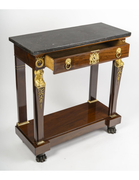 Small console table in mahogany and gilded bronze, First Empire period (1804-1815), 19th century.