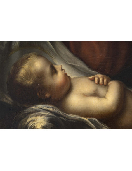 Ecole Italienne du XVIIIé siècle.Vierge à l'enfant.Huile sur toile.
