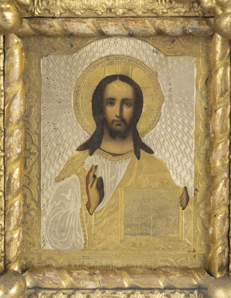 Icone représentant le Christ Pantocrator bénissant, Russie, XIXème siècle.