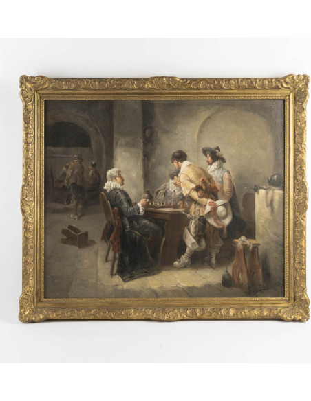 Huile sur toile représantant des mousquetaires par ? , XIXème siècle.