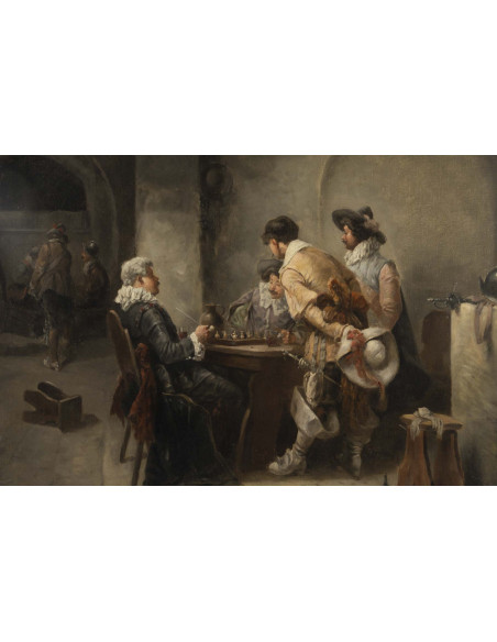 Huile sur toile représantant des mousquetaires par ? , XIXème siècle.