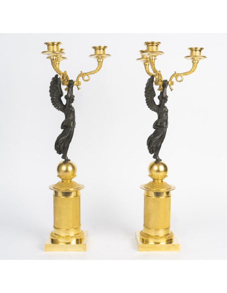 Paire de candélabre en bronze doré et patiné, d'époque Empire (1804-1815), XIXème siècle.