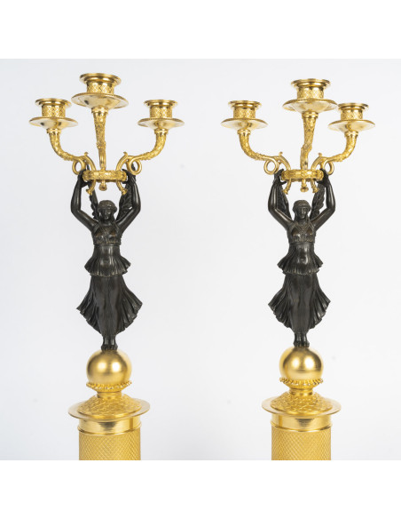 Paire de candélabre en bronze doré et patiné, d'époque Empire (1804-1815), XIXème siècle.