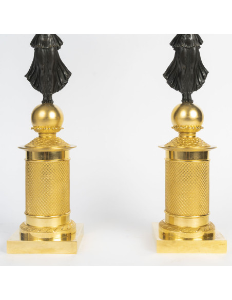 Paire de candélabre en bronze doré et patiné, d'époque Empire (1804-1815), XIXème siècle.