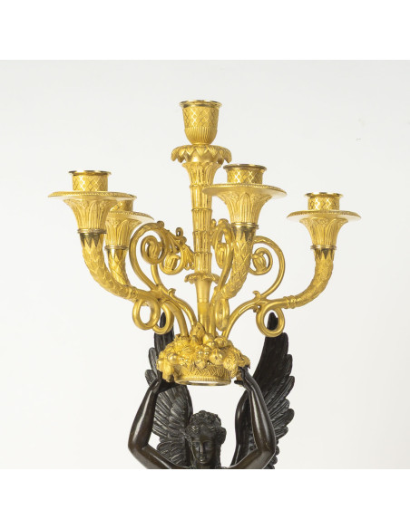 Large pair of gilded and patinated bronze candelabra, from the Empire period (1804–1815), 19th century