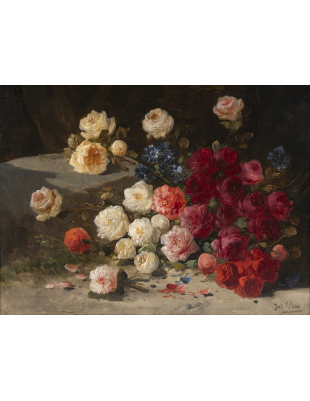 Huile sur toile, nature morte aux fleurs, signée "Jos Klaas", d'époque XIXème siècle.