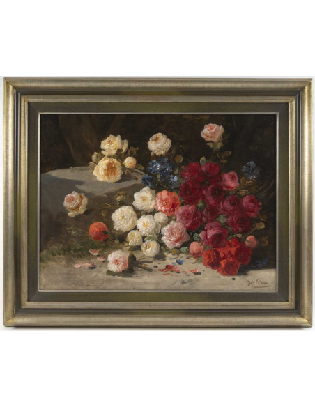 Huile sur toile, nature morte aux fleurs, signée "Jos Klaas", d'époque XIXème siècle.