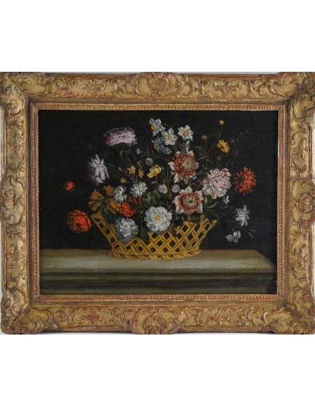 Panier de fleurs sur un entablement. XVIIème siècle.