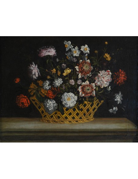 Panier de fleurs sur un entablement. XVIIème siècle.