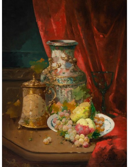 Emile Godchaux (1860 - 1938) : Plate with fruits with a Chinese vase.