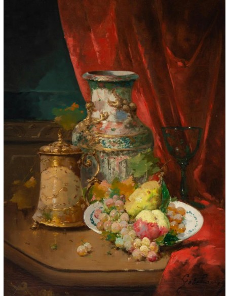 Emile Godchaux (1860 - 1938) : Assiette de fruits au vase de Chine.