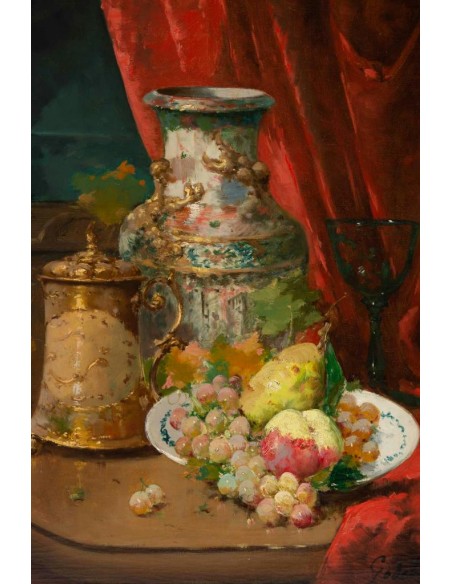 Emile Godchaux (1860 - 1938) : Plate with fruits with a Chinese vase.