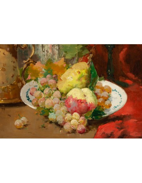 Emile Godchaux (1860 - 1938) : Plate with fruits with a Chinese vase.