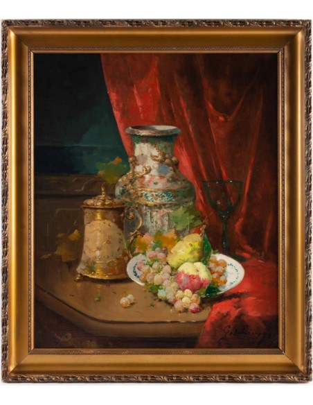 Emile Godchaux (1860 - 1938) : Assiette de fruits au vase de Chine.